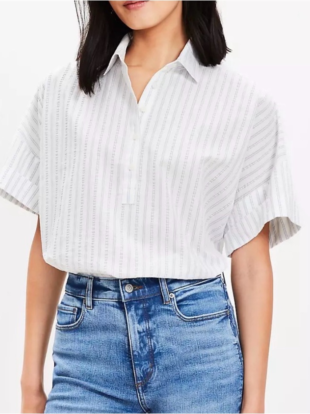 LOFT Boxy Stripe Button-Front Top - White and Blue Medium